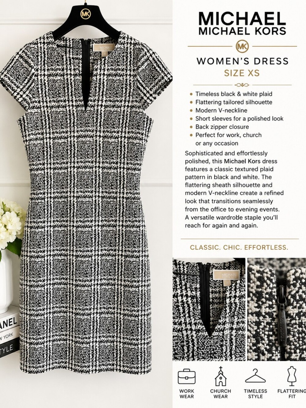 Michael Kors Black and White Plaid Sheath Dress